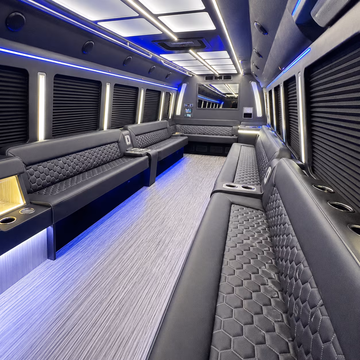 Passenger seating aboard a party bus rental serving Aurora